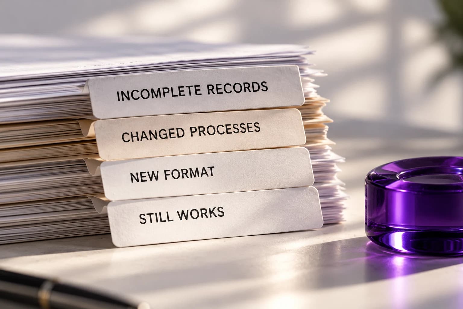 Files labelled Incomplete records, Changed processes, New format and Still works
