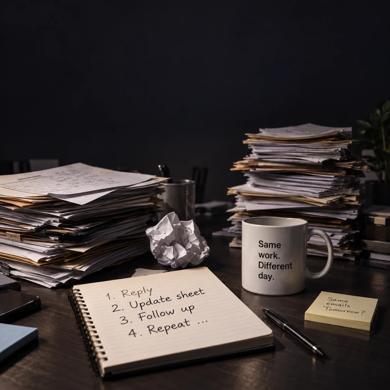 A crowded desk with paperwork, a repeated to-do list and a mug