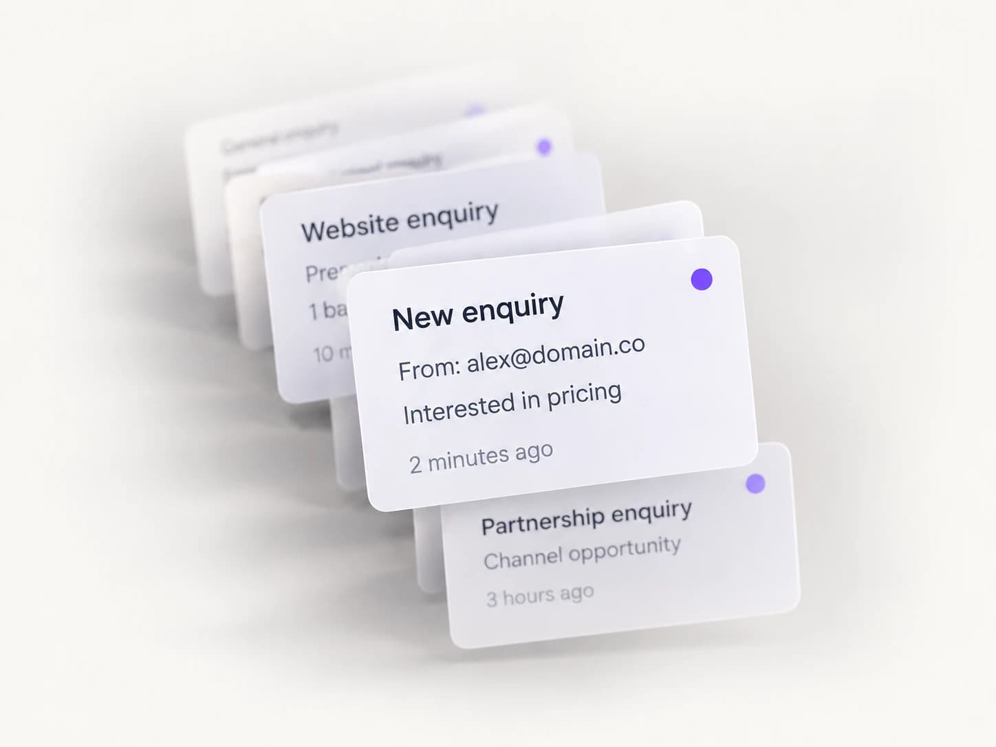 Illustrative enquiry cards: a new question is captured and ready for follow-up