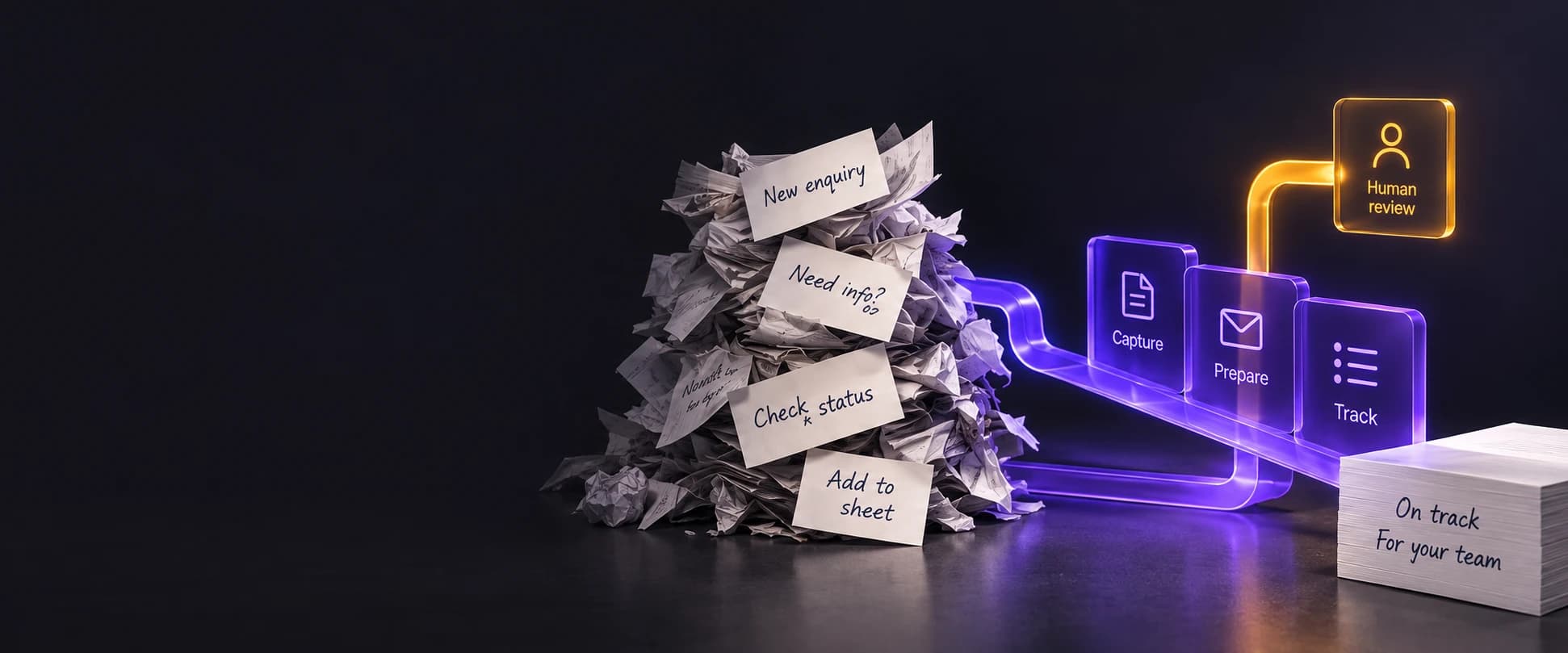 A pile of paperwork becoming a clear violet workflow, with an amber human review step
