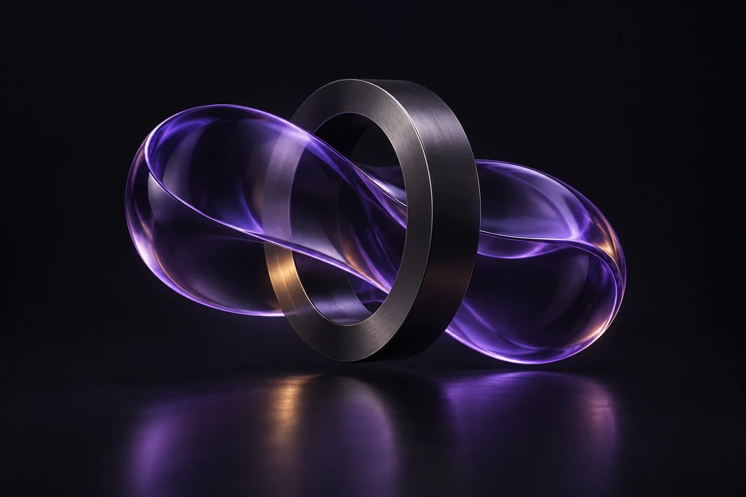 Violet glass ribbon following a continuous path through a dark architectural frame